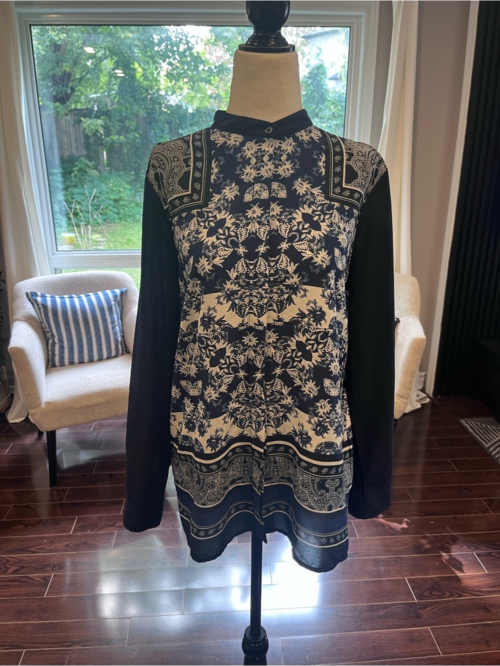 Joe Fresh Black and Cream Printed Button-Down Blouse